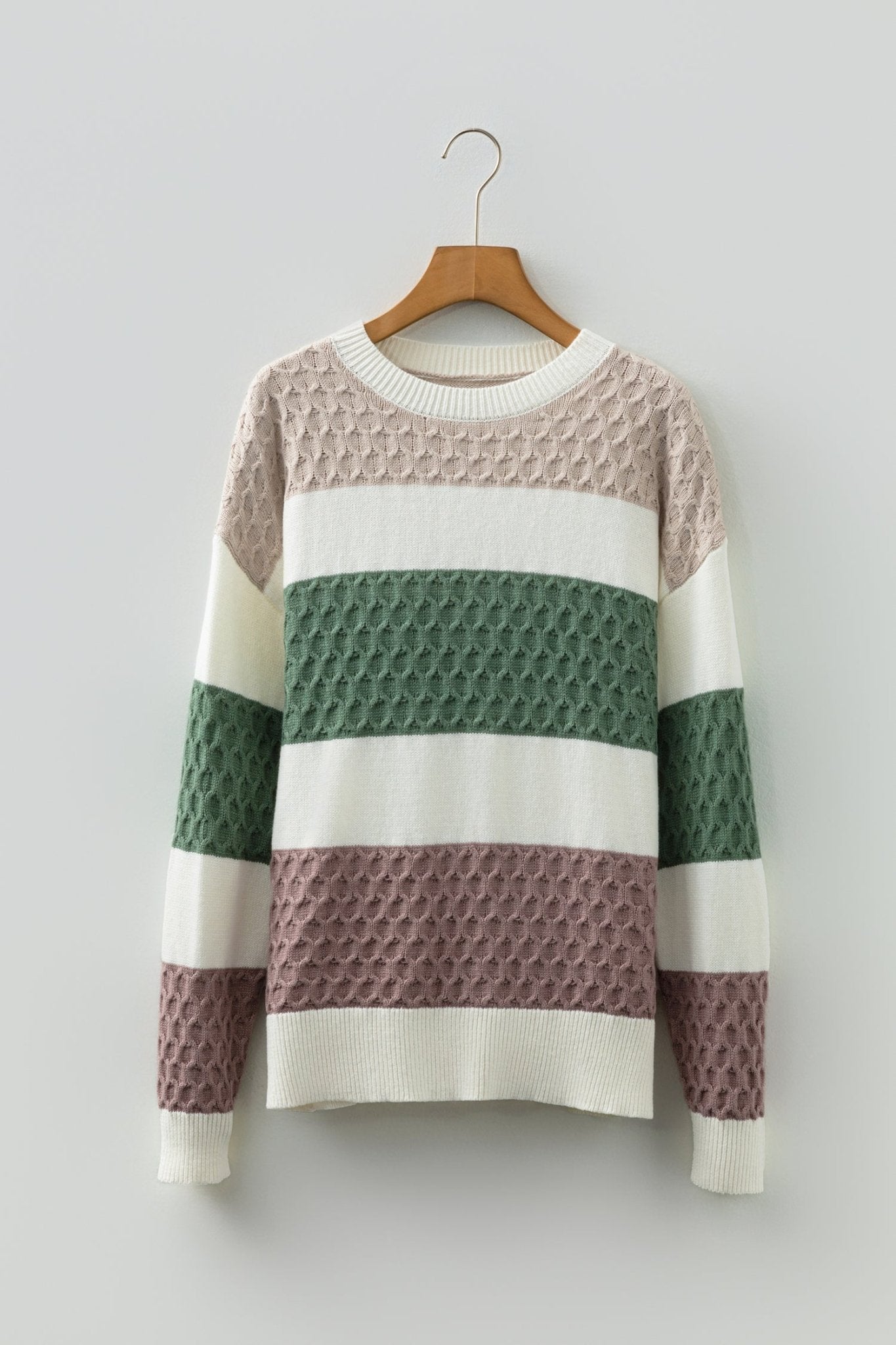 Green Mixed Texture Knit Striped Color Block Loose Sweater - Crowned Energy CO.