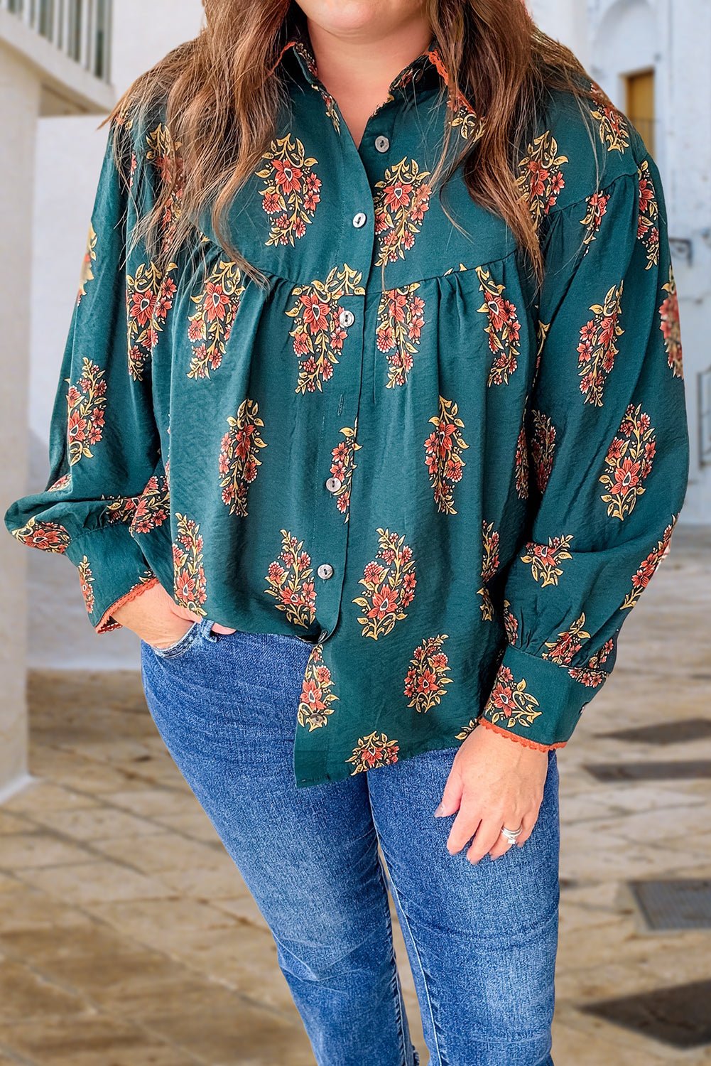 Green Plus Size Floral Print Contrast Lacy Trim Pleated Loose Shirt - Crowned Energy CO.