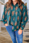 Green Plus Size Floral Print Contrast Lacy Trim Pleated Loose Shirt - Crowned Energy CO.