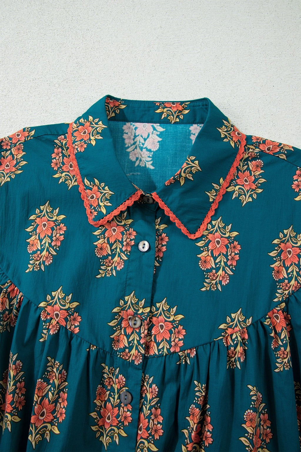 Green Plus Size Floral Print Contrast Lacy Trim Pleated Loose Shirt - Crowned Energy CO.