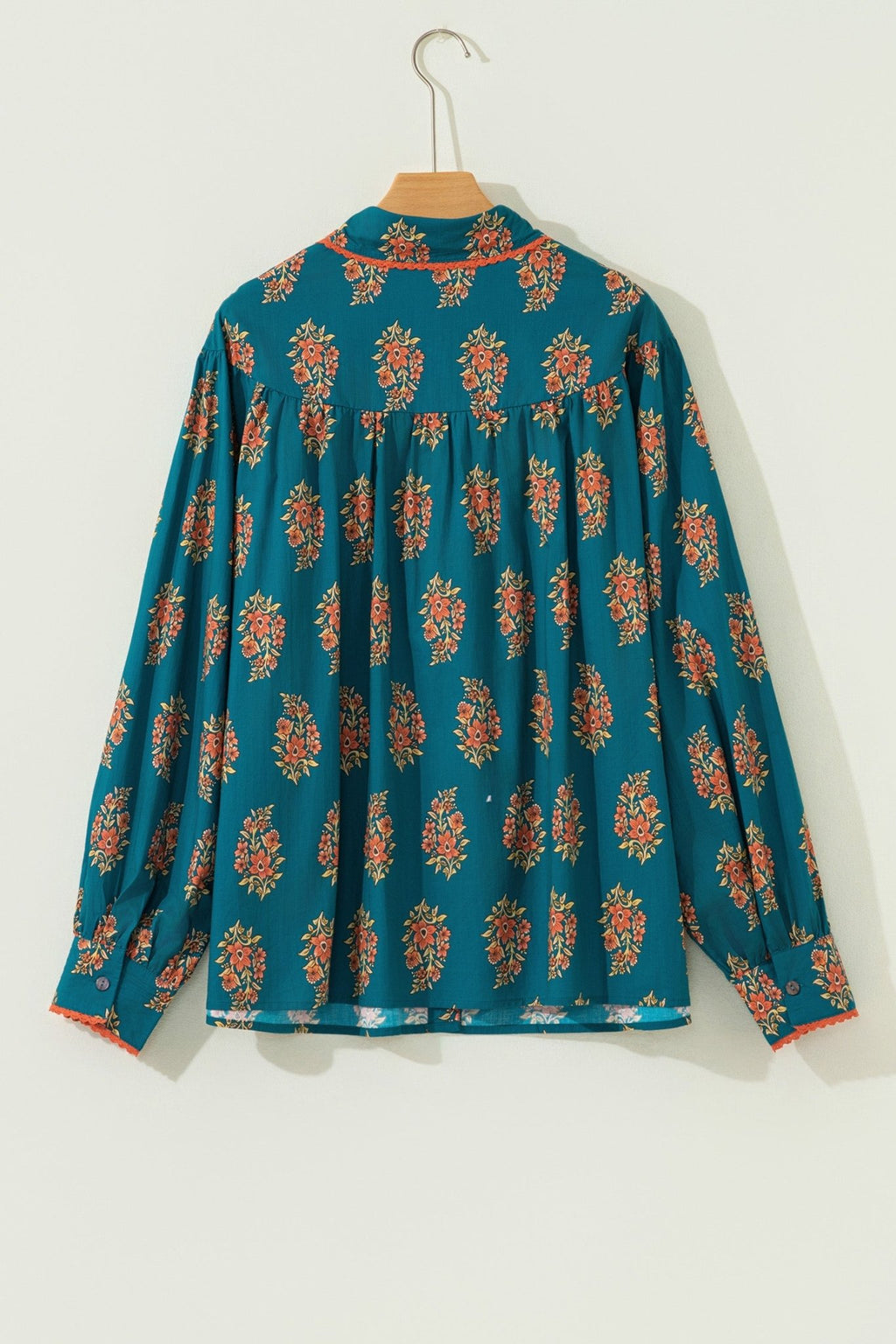 Green Plus Size Floral Print Contrast Lacy Trim Pleated Loose Shirt - Crowned Energy CO.