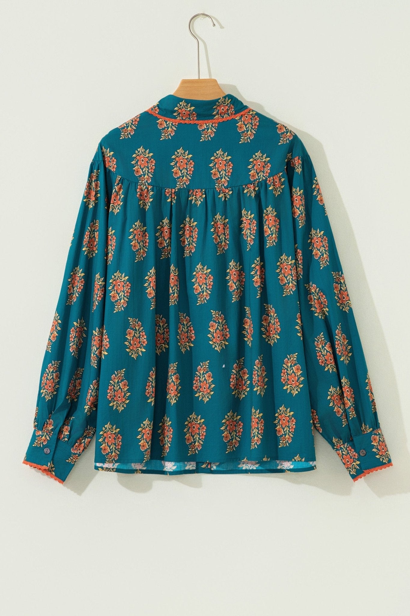 Green Plus Size Floral Print Contrast Lacy Trim Pleated Loose Shirt - Crowned Energy CO.