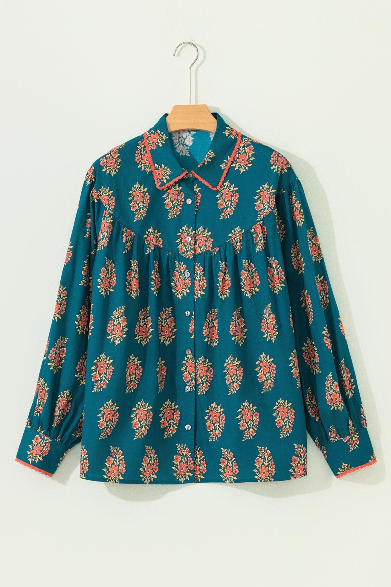 Green Plus Size Floral Print Contrast Lacy Trim Pleated Loose Shirt - Crowned Energy CO.