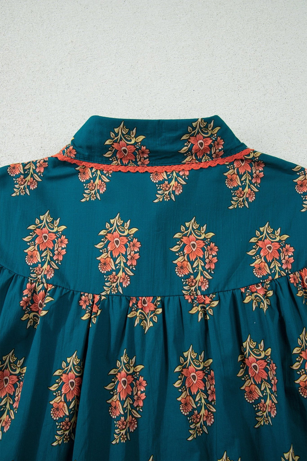 Green Plus Size Floral Print Contrast Lacy Trim Pleated Loose Shirt - Crowned Energy CO.