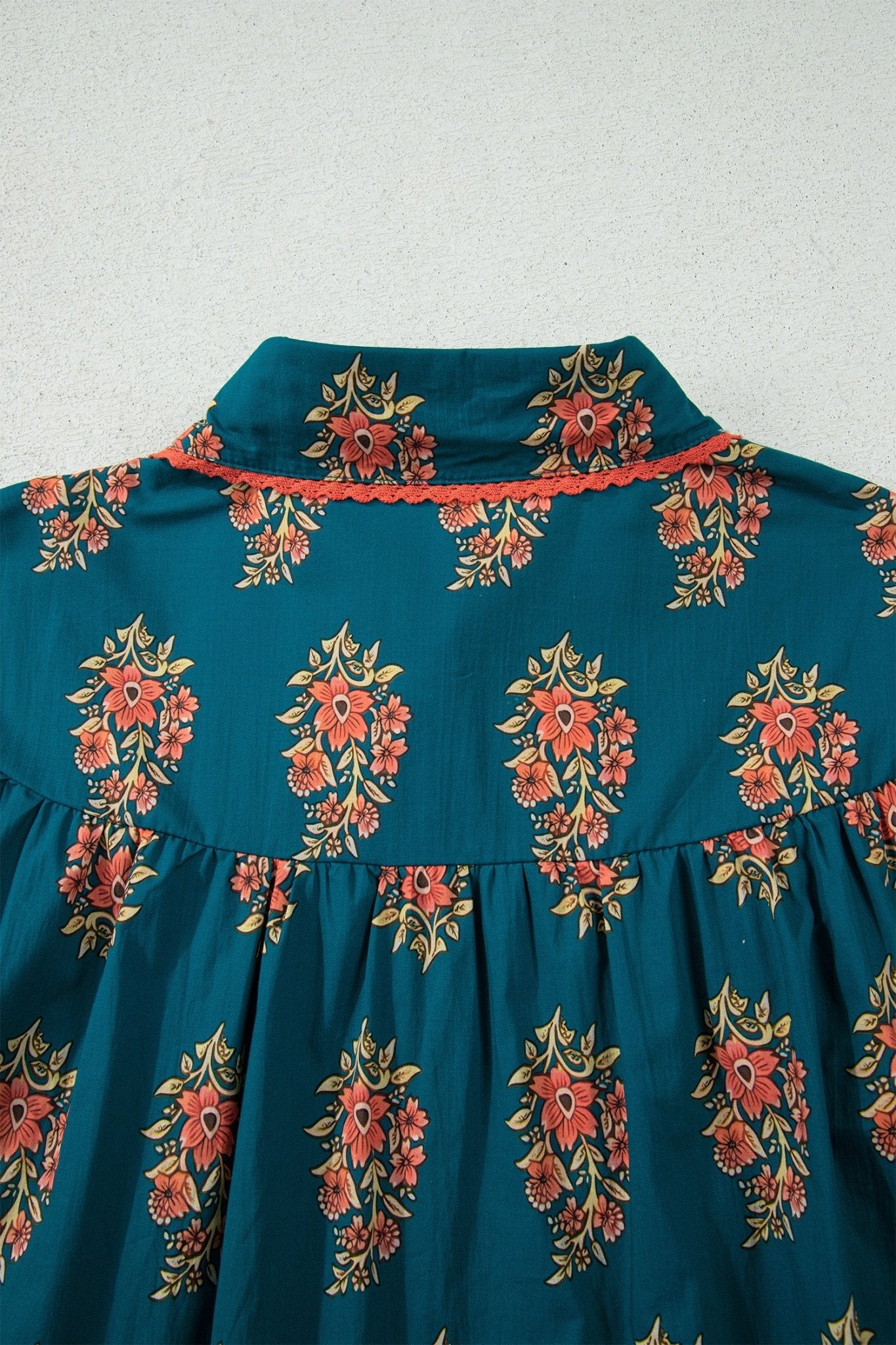 Green Plus Size Floral Print Contrast Lacy Trim Pleated Loose Shirt - Crowned Energy CO.
