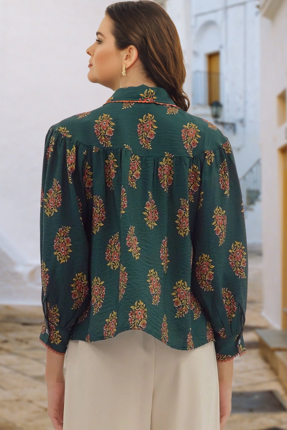 Green Plus Size Floral Print Contrast Lacy Trim Pleated Loose Shirt - Crowned Energy CO.