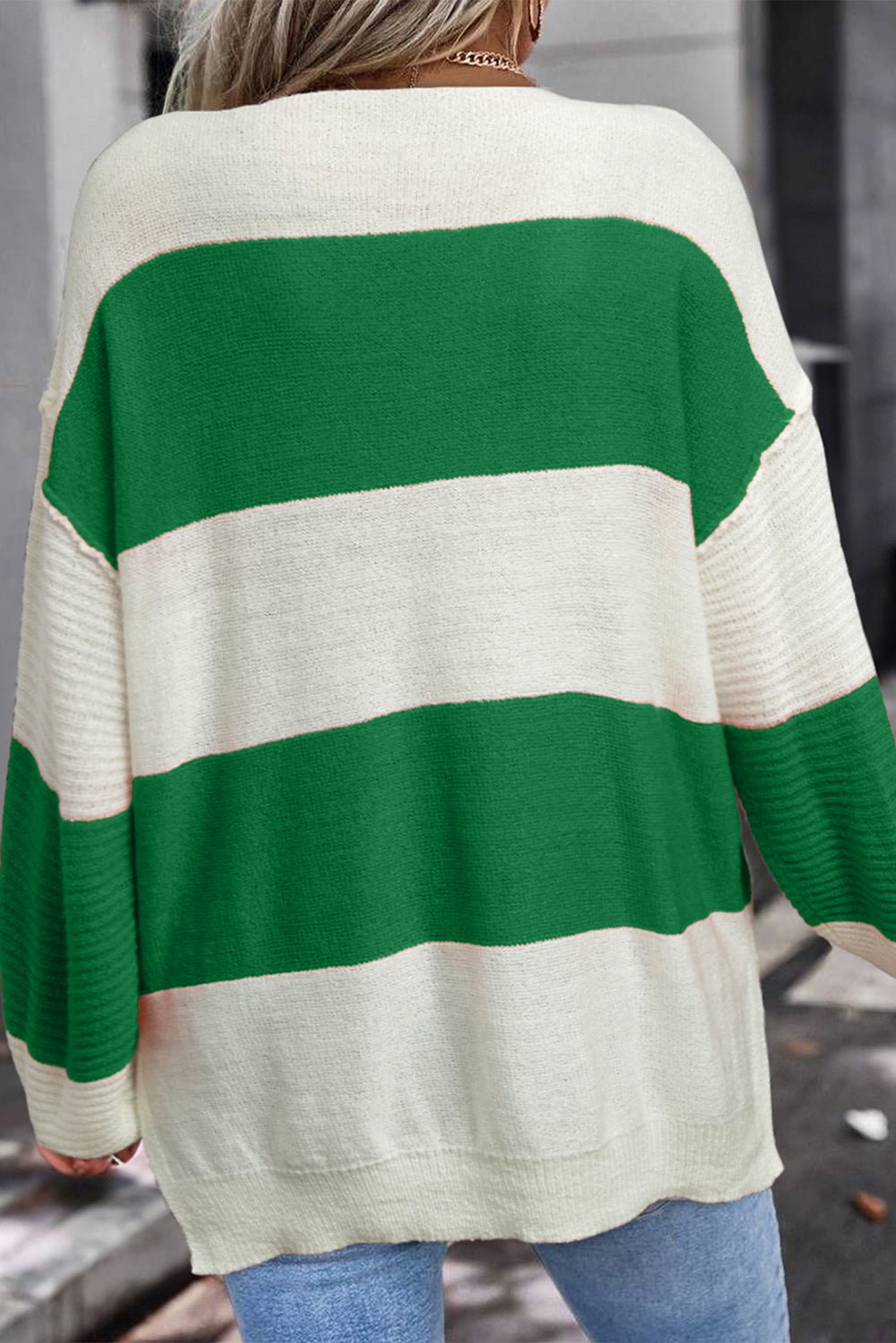 Green Stripe Loose Color Block Drop Shoulder Bubble Sleeve Sweater - Crowned Energy CO.