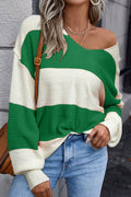 Green Stripe Loose Color Block Drop Shoulder Bubble Sleeve Sweater - Crowned Energy CO.