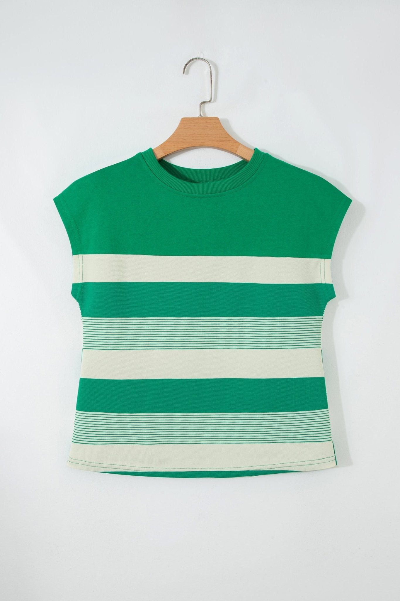 Green Stripe Mixed Print Crew Neck Cap Sleeve T Shirt - Crowned Energy CO.