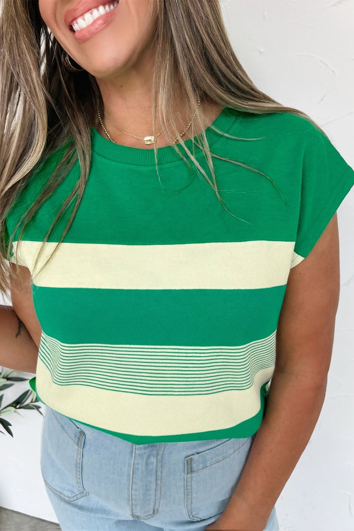 Green Stripe Mixed Print Crew Neck Cap Sleeve T Shirt - Crowned Energy CO.