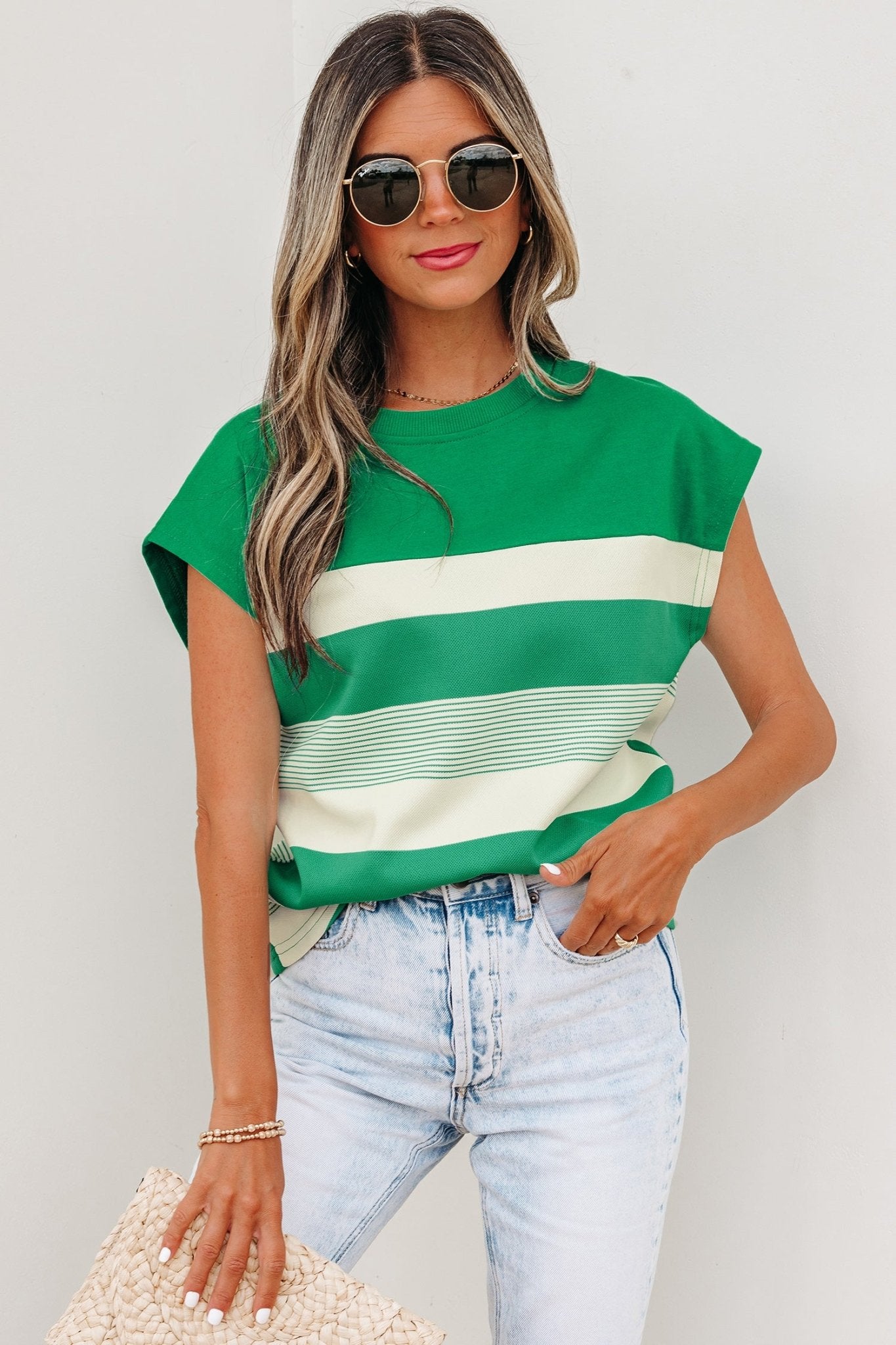 Green Stripe Mixed Print Crew Neck Cap Sleeve T Shirt - Crowned Energy CO.