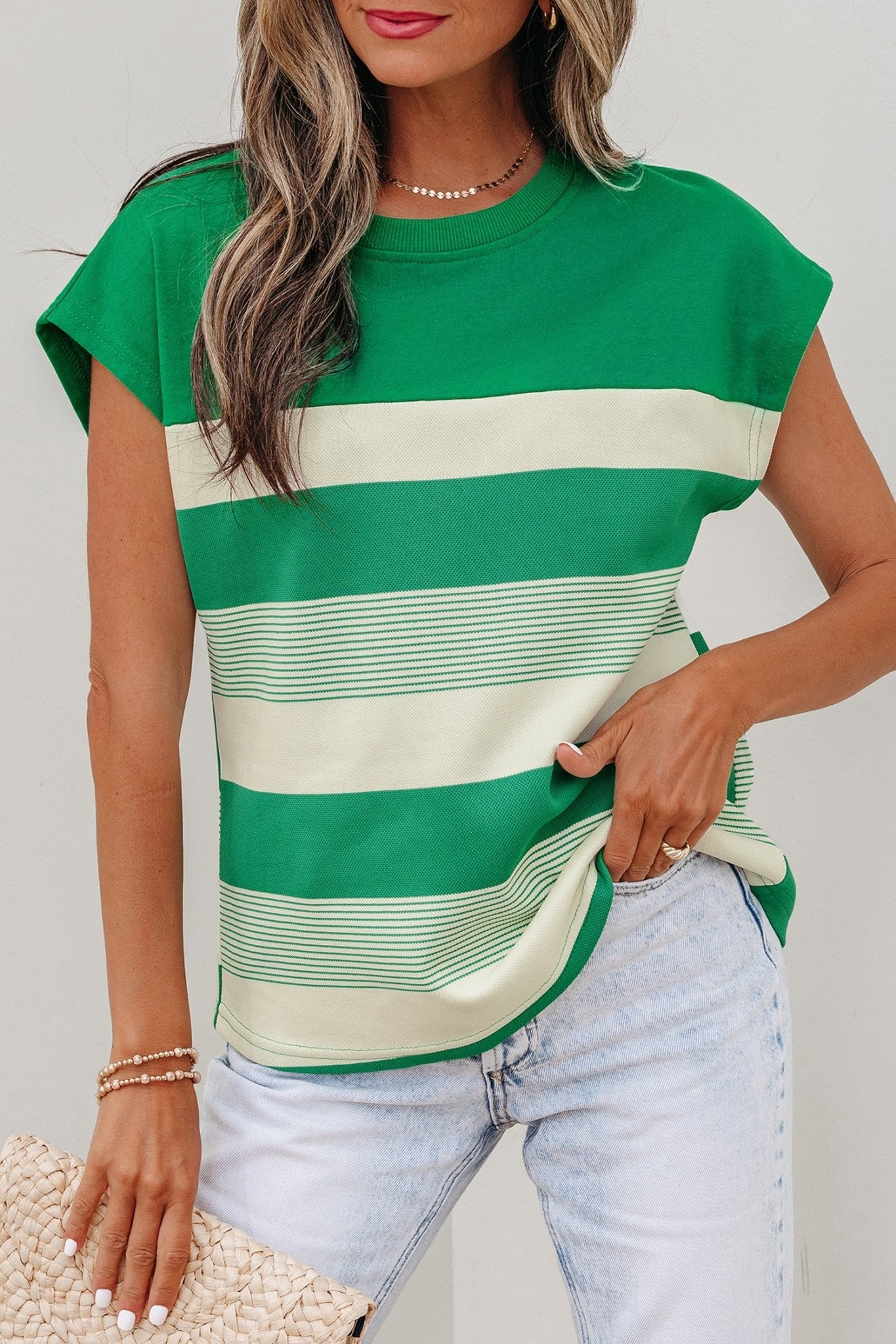 Green Stripe Mixed Print Crew Neck Cap Sleeve T Shirt - Crowned Energy CO.