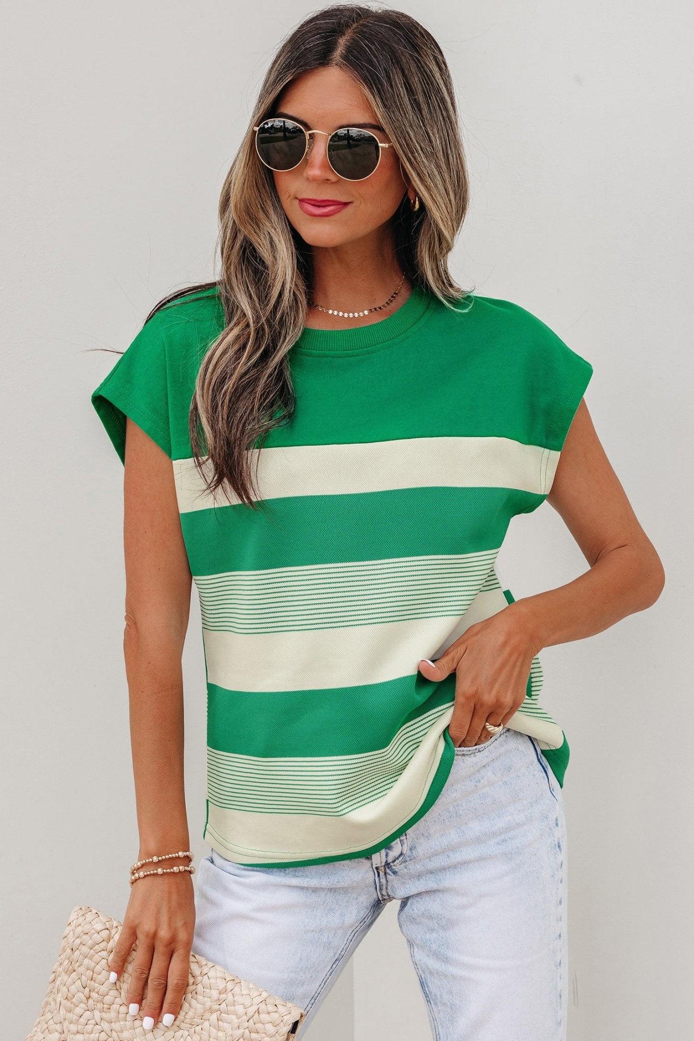 Green Stripe Mixed Print Crew Neck Cap Sleeve T Shirt - Crowned Energy CO.