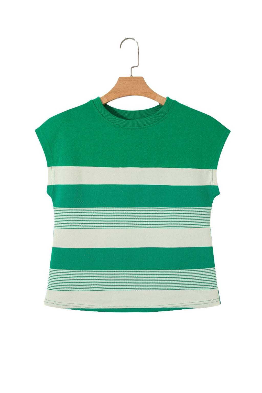 Green Stripe Mixed Print Crew Neck Cap Sleeve T Shirt - Crowned Energy CO.