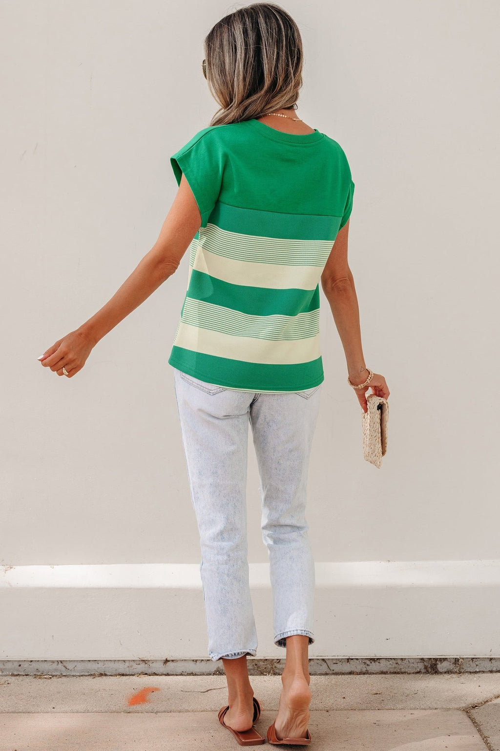 Green Stripe Mixed Print Crew Neck Cap Sleeve T Shirt - Crowned Energy CO.