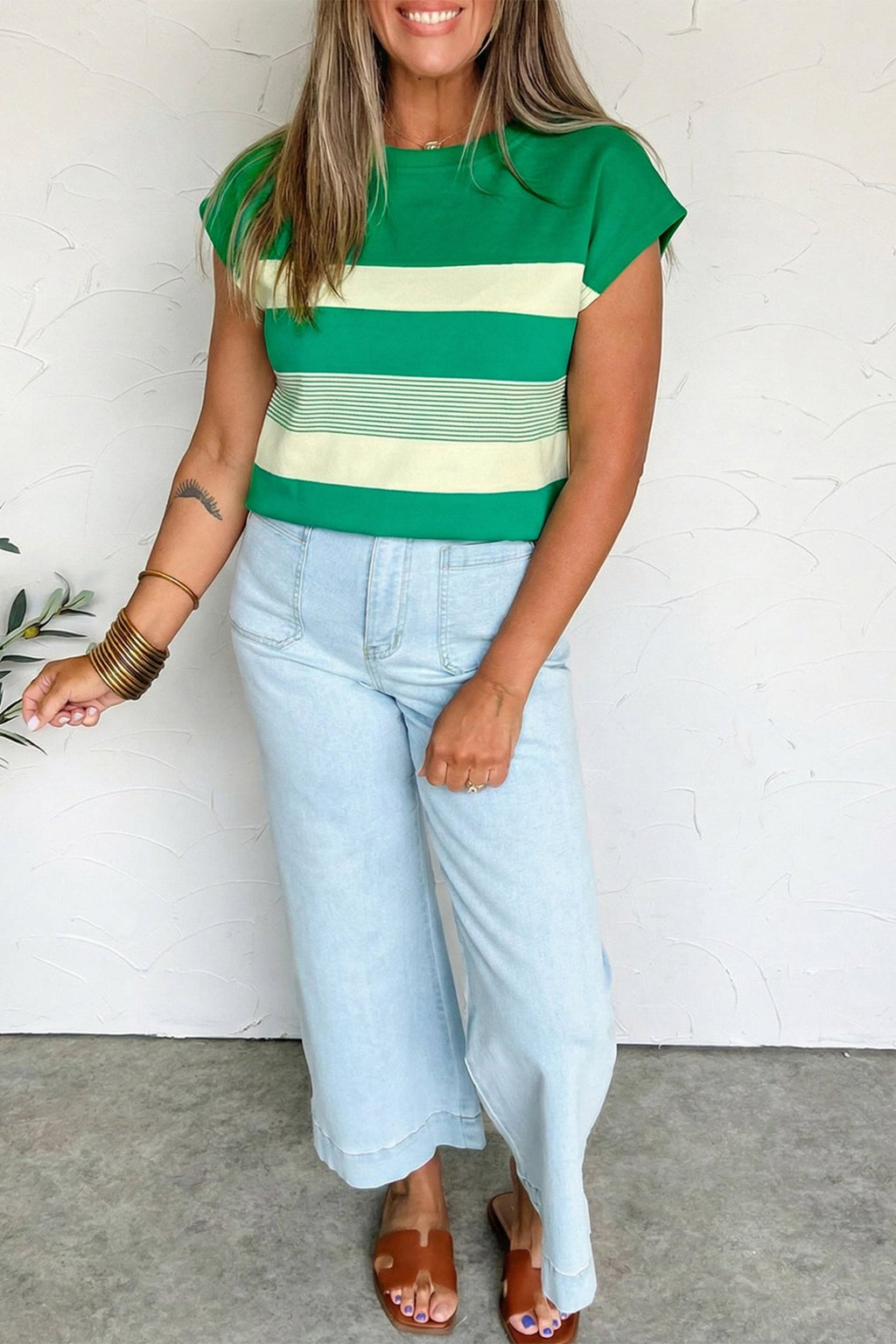 Green Stripe Mixed Print Crew Neck Cap Sleeve T Shirt - Crowned Energy CO.