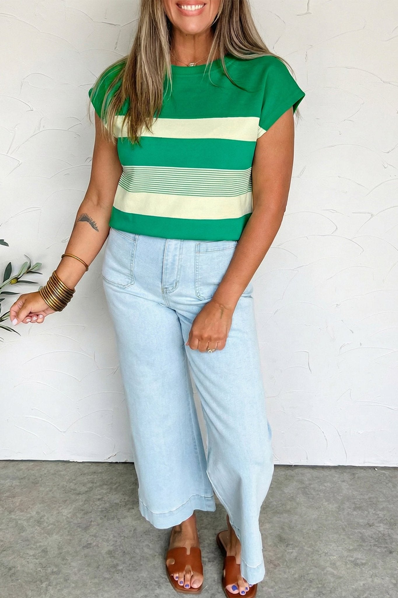 Green Stripe Mixed Print Crew Neck Cap Sleeve T Shirt - Crowned Energy CO.
