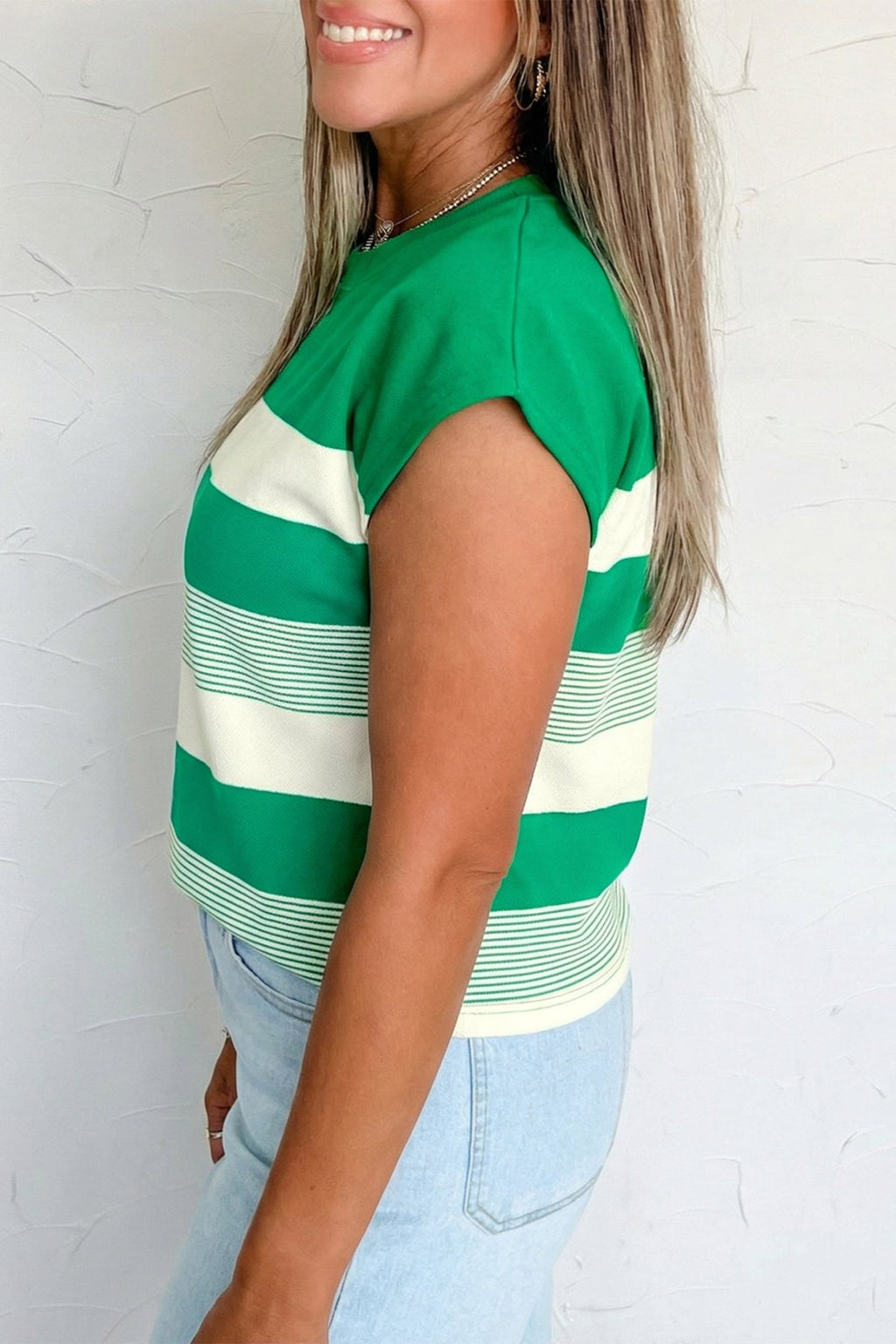 Green Stripe Mixed Print Crew Neck Cap Sleeve T Shirt - Crowned Energy CO.