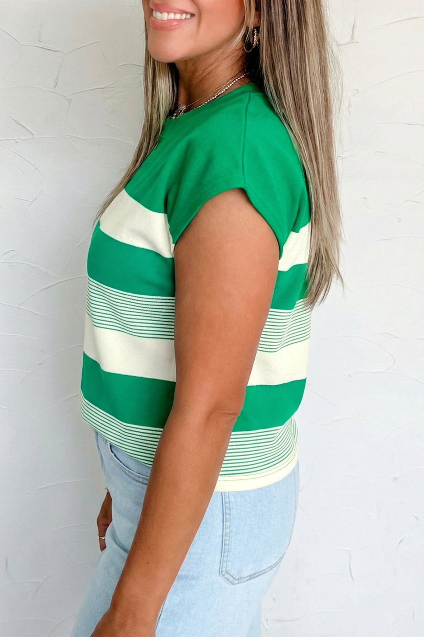 Green Stripe Mixed Print Crew Neck Cap Sleeve T Shirt - Crowned Energy CO.