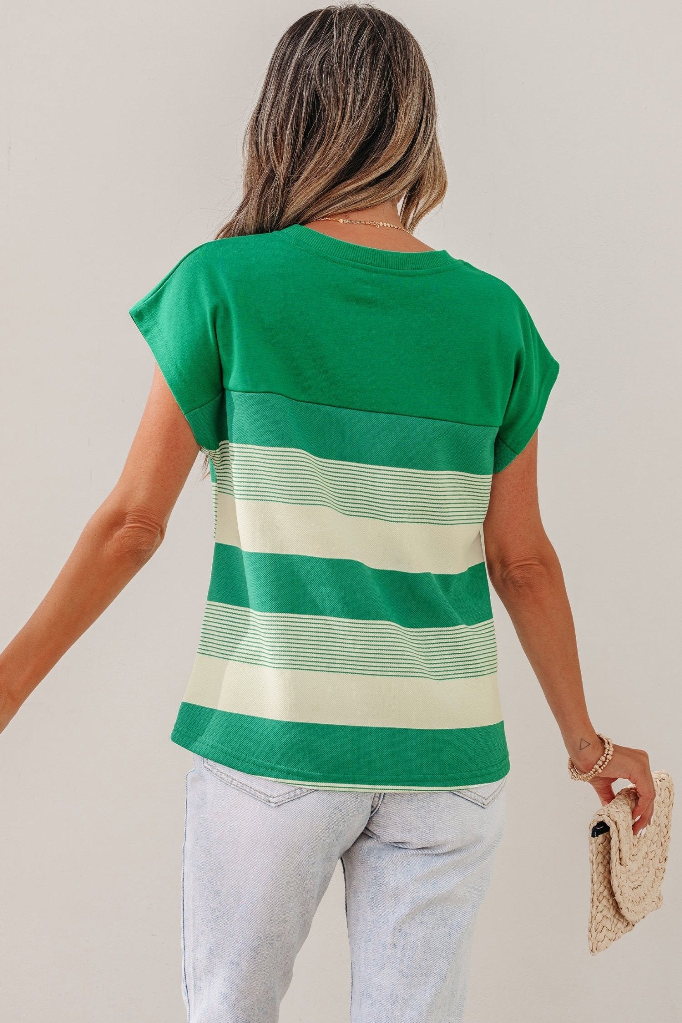Green Stripe Mixed Print Crew Neck Cap Sleeve T Shirt - Crowned Energy CO.