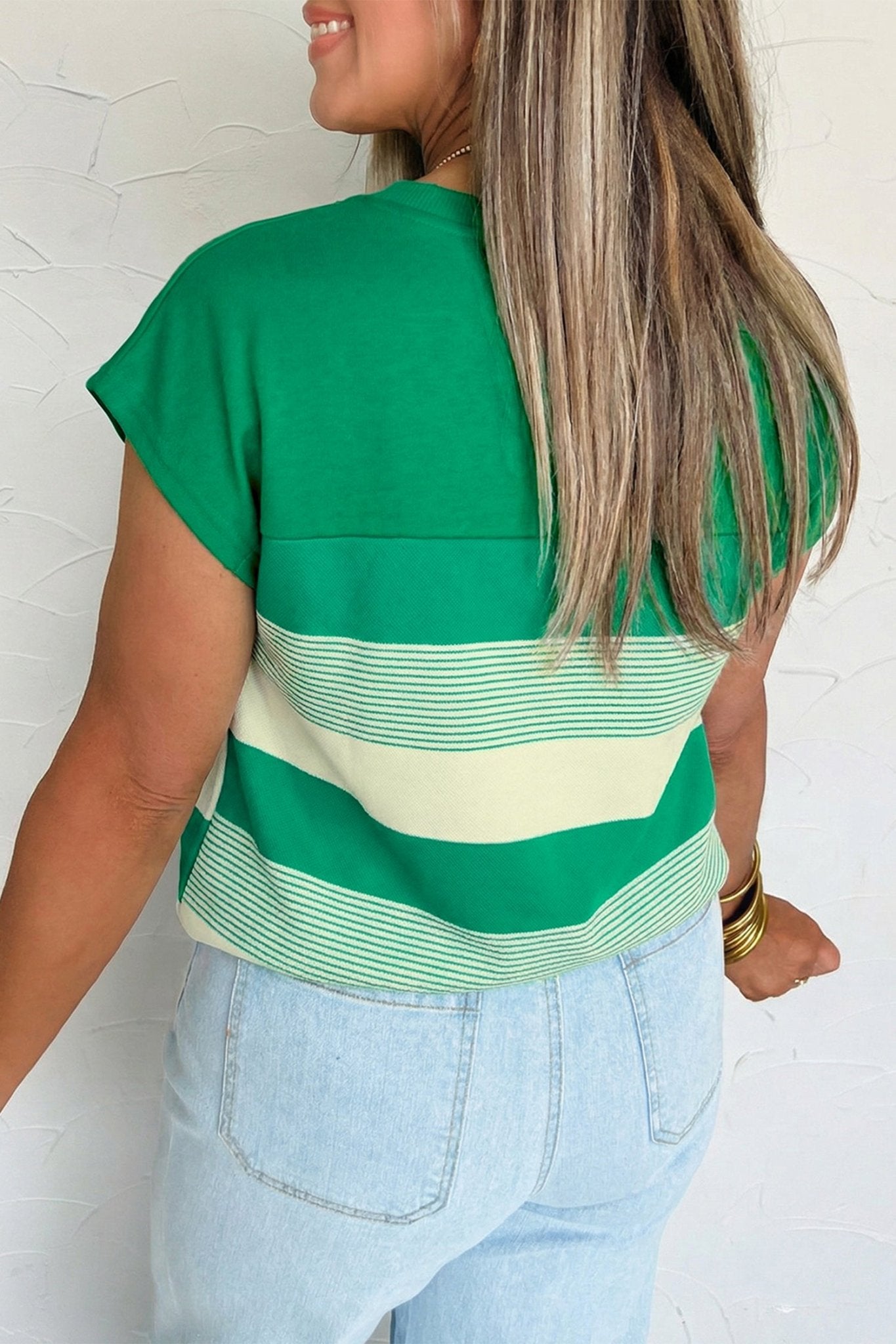 Green Stripe Mixed Print Crew Neck Cap Sleeve T Shirt - Crowned Energy CO.