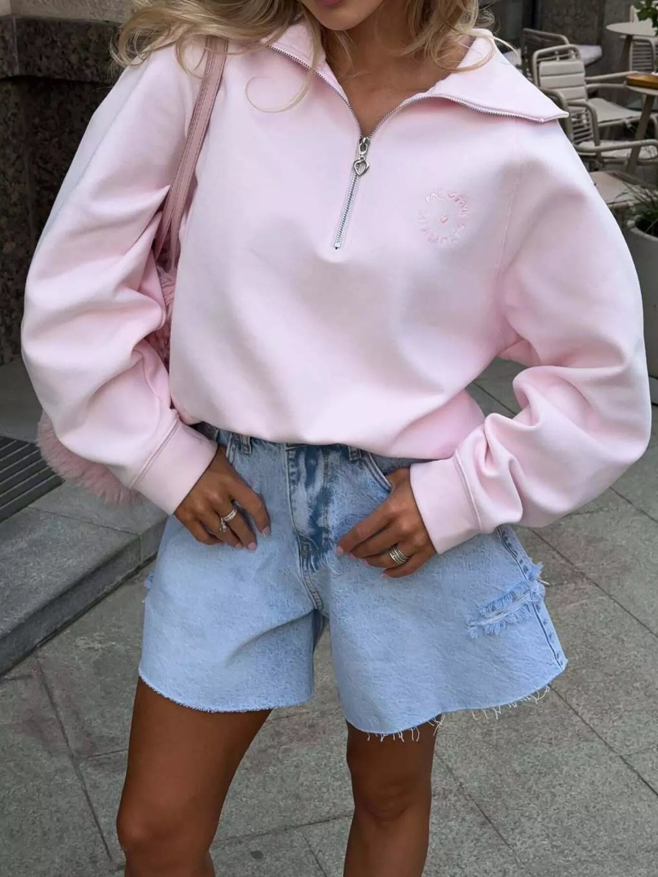 Crowned Energy CO. Blush Pink / S Trendsi Sweaters & Cardigans/Cardigans Half Zip Long Sleeve Sweatshirt