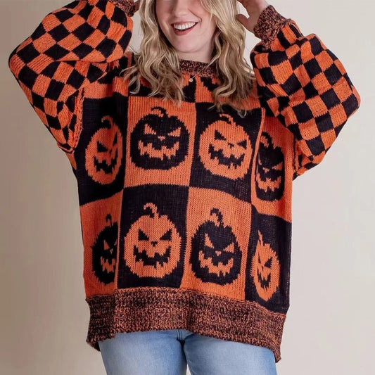 Crowned Energy CO. Black orange / 2XL Goddess Vibes Sweaters & Cardigans/Cardigans Halloween Cartoon Ghost And Checkerboard Print Pullover Sweater Autumn