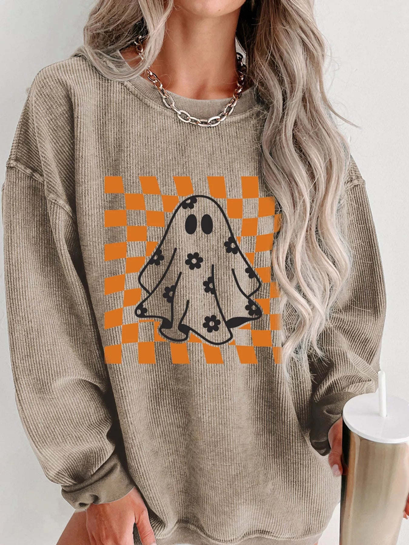 Crowned Energy CO. Khaki / S Trendsi Halloween Checkerboard Floral Ghost Graphic Corded Sweatshirt