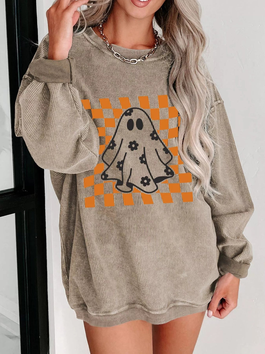 Crowned Energy CO. Khaki / S Trendsi Halloween Checkerboard Floral Ghost Graphic Corded Sweatshirt