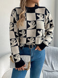 Crowned Energy CO. Apricot / S Trendsi Halloween Ghost Pattern Checkered Round Neck Sweater