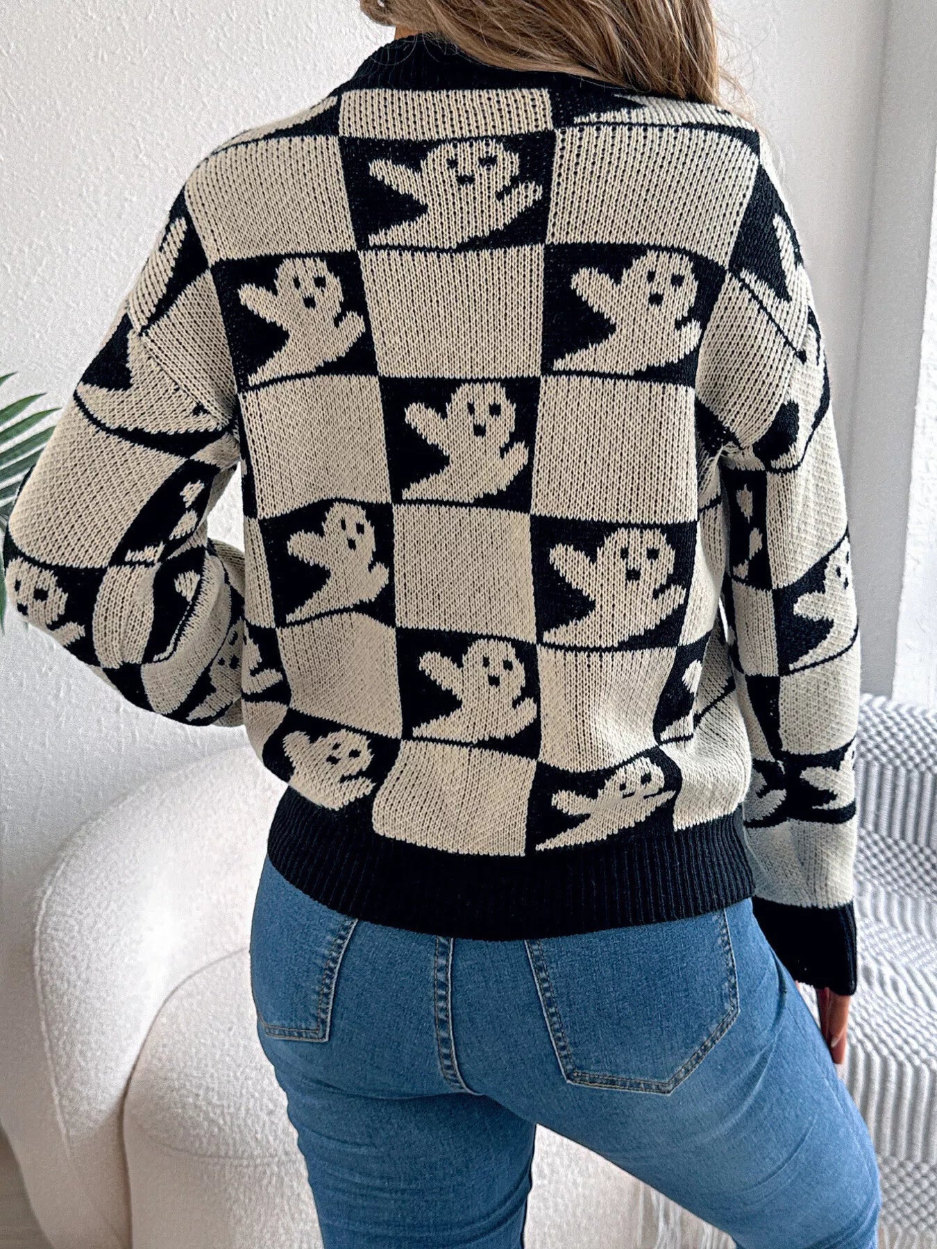 Crowned Energy CO. Apricot / S Trendsi Halloween Ghost Pattern Checkered Round Neck Sweater