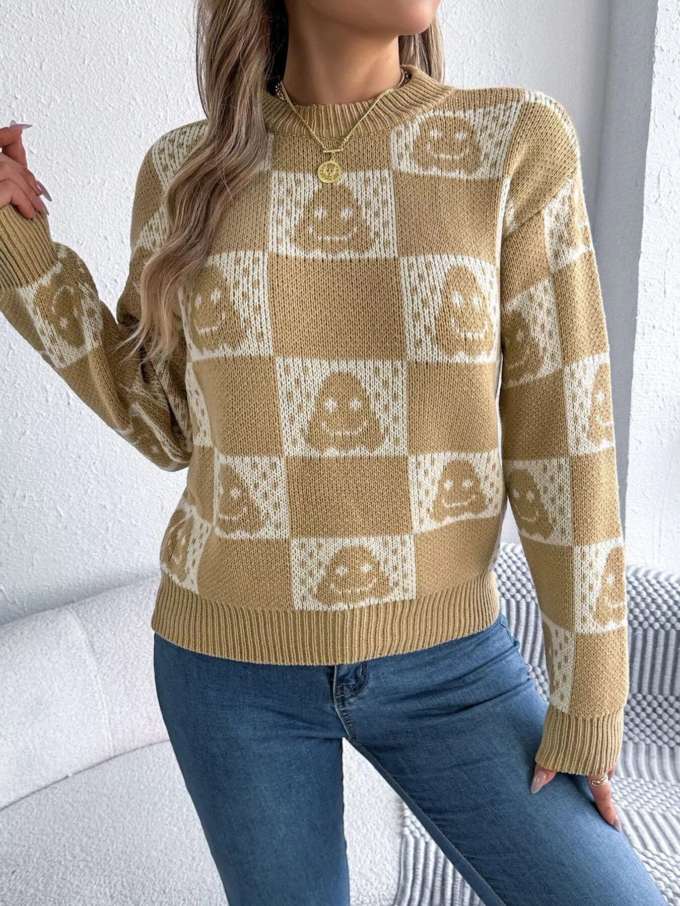 Crowned Energy CO. Apricot / S Trendsi Halloween Ghost Pattern Checkered Round Neck Sweater