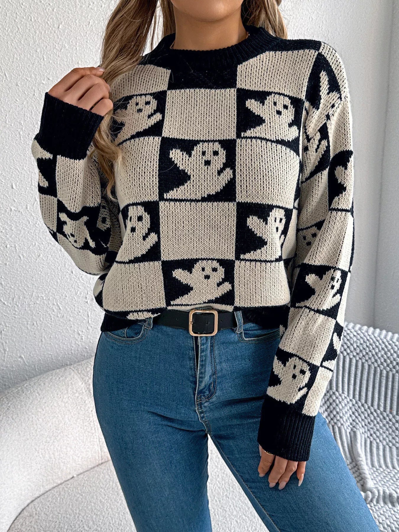 Crowned Energy CO. Apricot / S Trendsi Halloween Ghost Pattern Checkered Round Neck Sweater