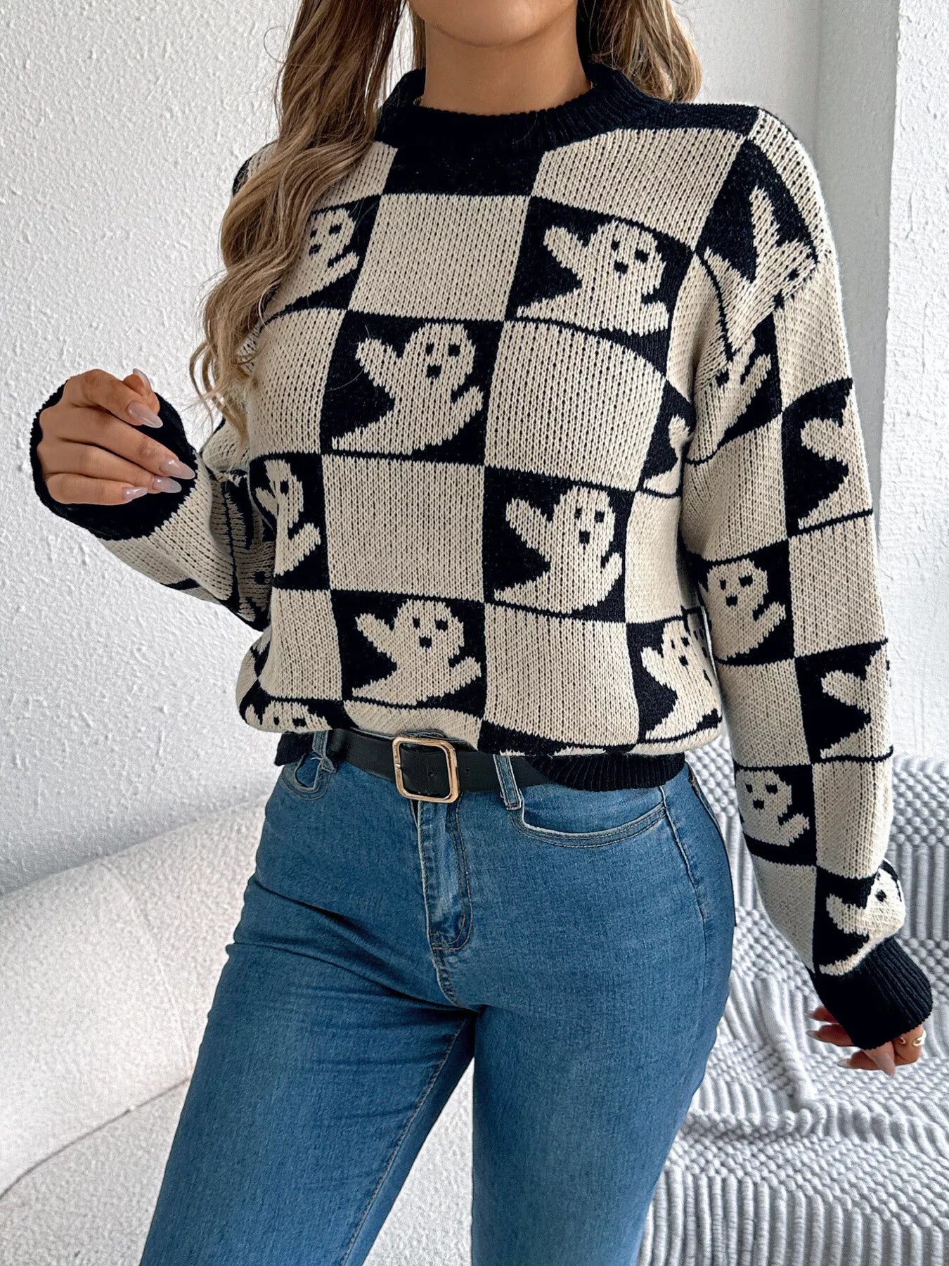 Crowned Energy CO. Apricot / S Trendsi Halloween Ghost Pattern Checkered Round Neck Sweater