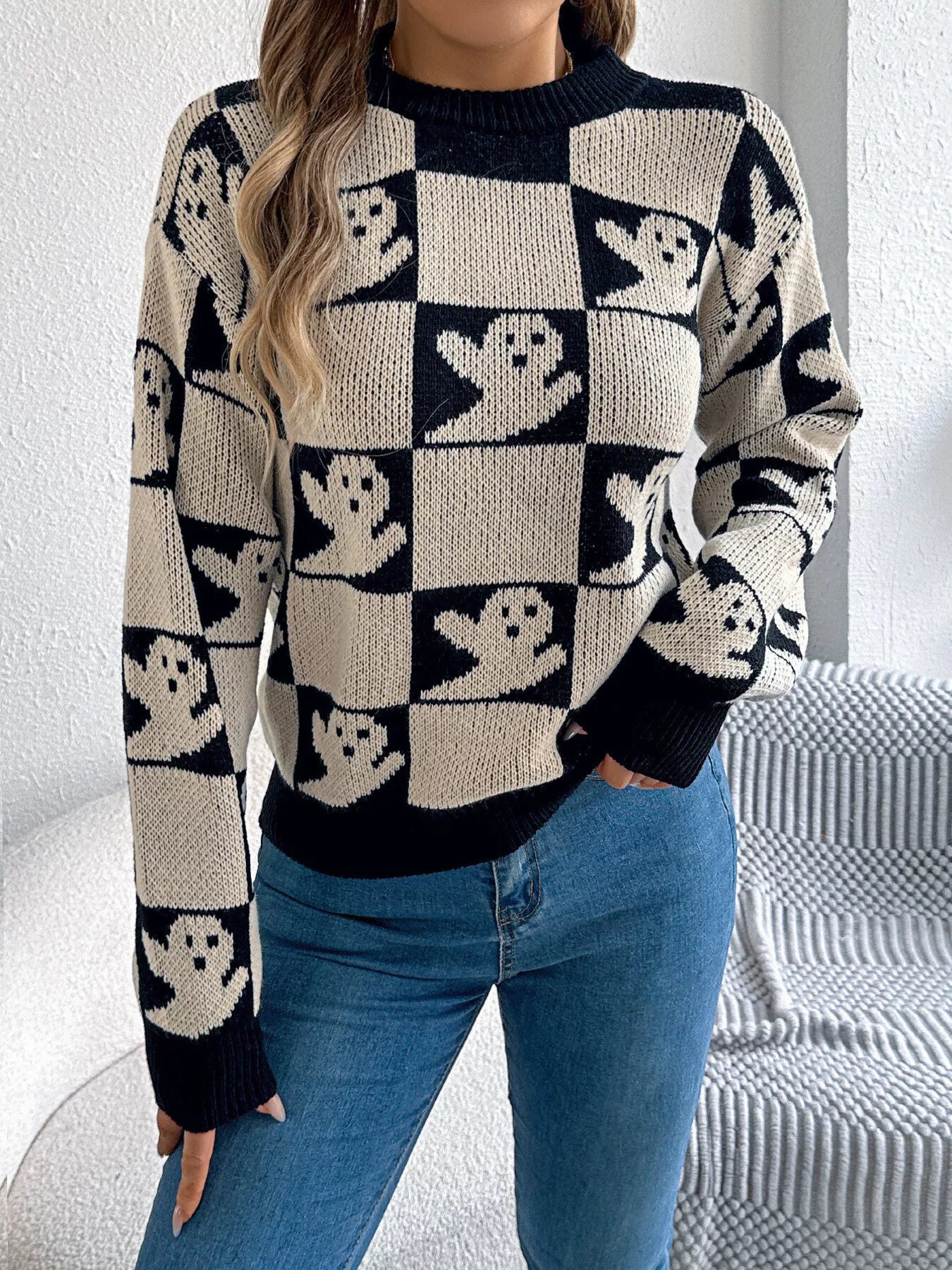 Crowned Energy CO. Apricot / S Trendsi Halloween Ghost Pattern Checkered Round Neck Sweater