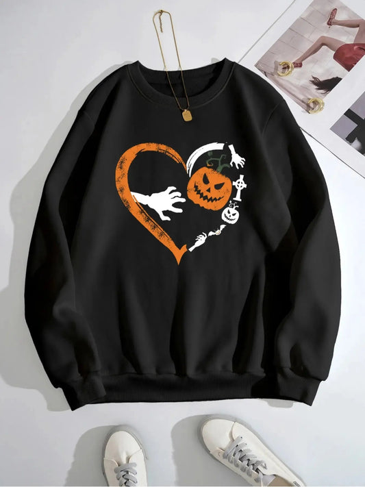 Crowned Energy CO. Black / S Trendsi Sweaters & Cardigans/Cardigans Halloween Heart Pumpkin Round Neck Sweatshirt