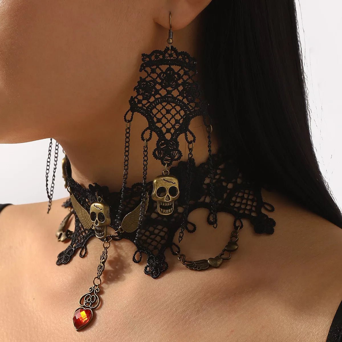 Crowned Energy CO. Black / One Size Trendsi Jewelry Halloween Lace Skull Necklace and Earrings Jewelry Set