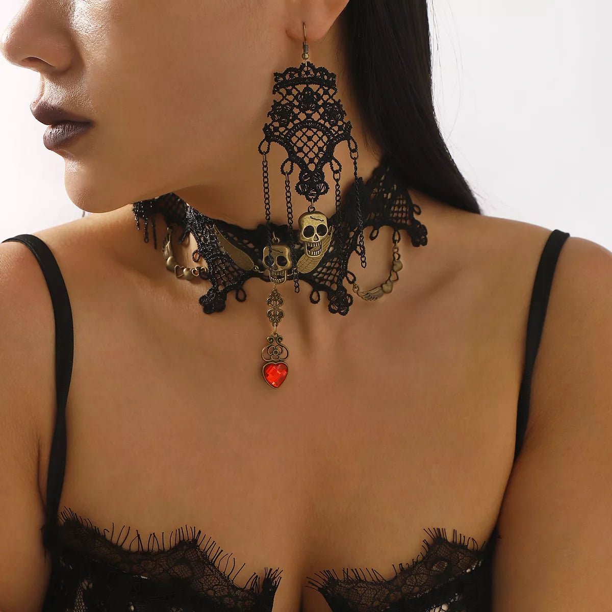 Crowned Energy CO. Black / One Size Trendsi Jewelry Halloween Lace Skull Necklace and Earrings Jewelry Set