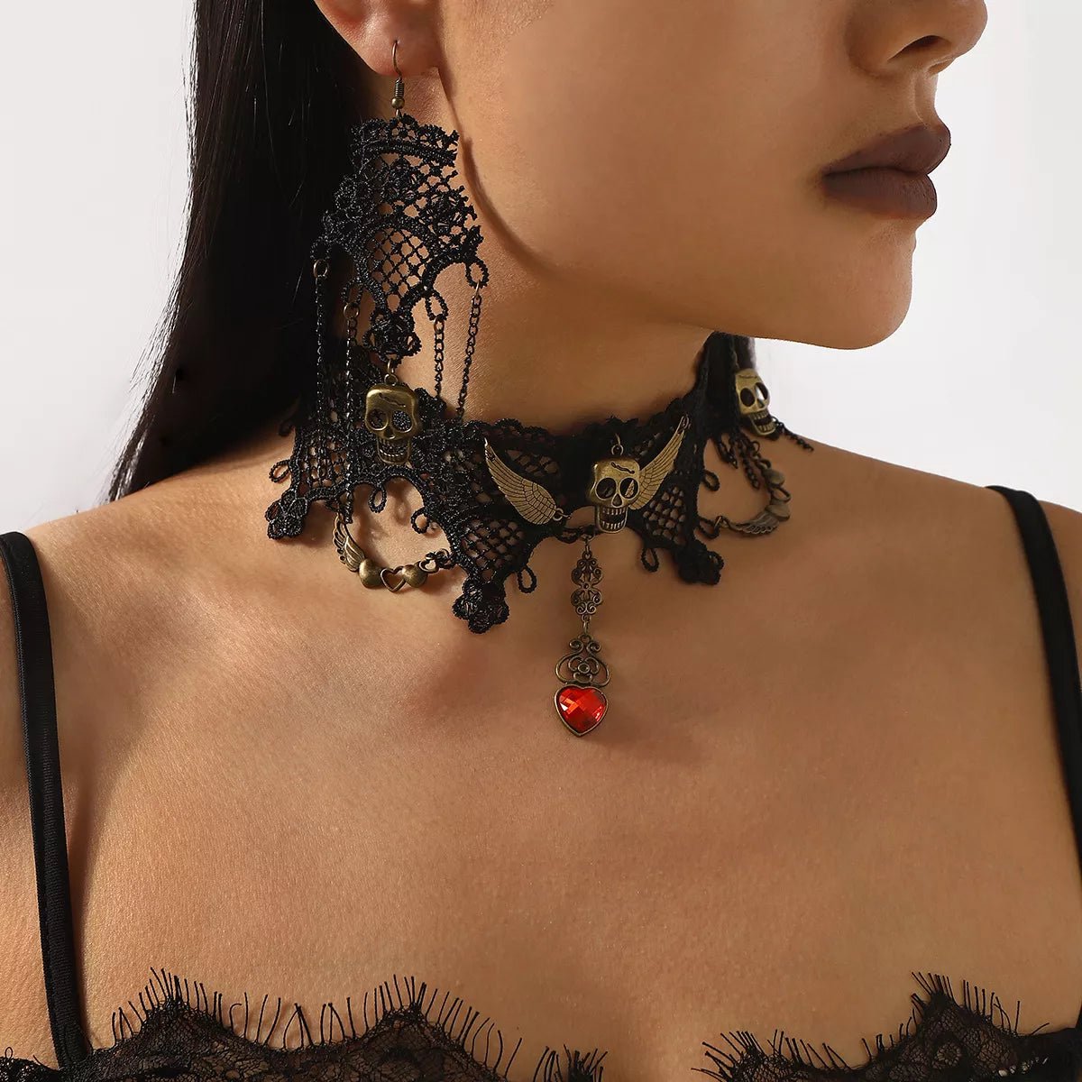 Crowned Energy CO. Black / One Size Trendsi Jewelry Halloween Lace Skull Necklace and Earrings Jewelry Set