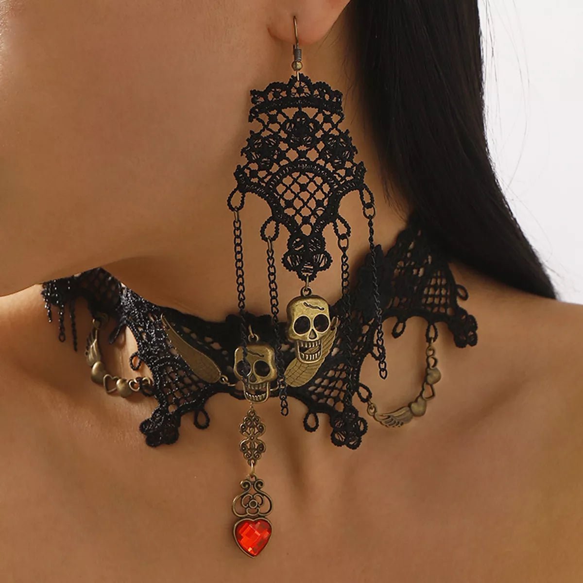 Crowned Energy CO. Black / One Size Trendsi Jewelry Halloween Lace Skull Necklace and Earrings Jewelry Set