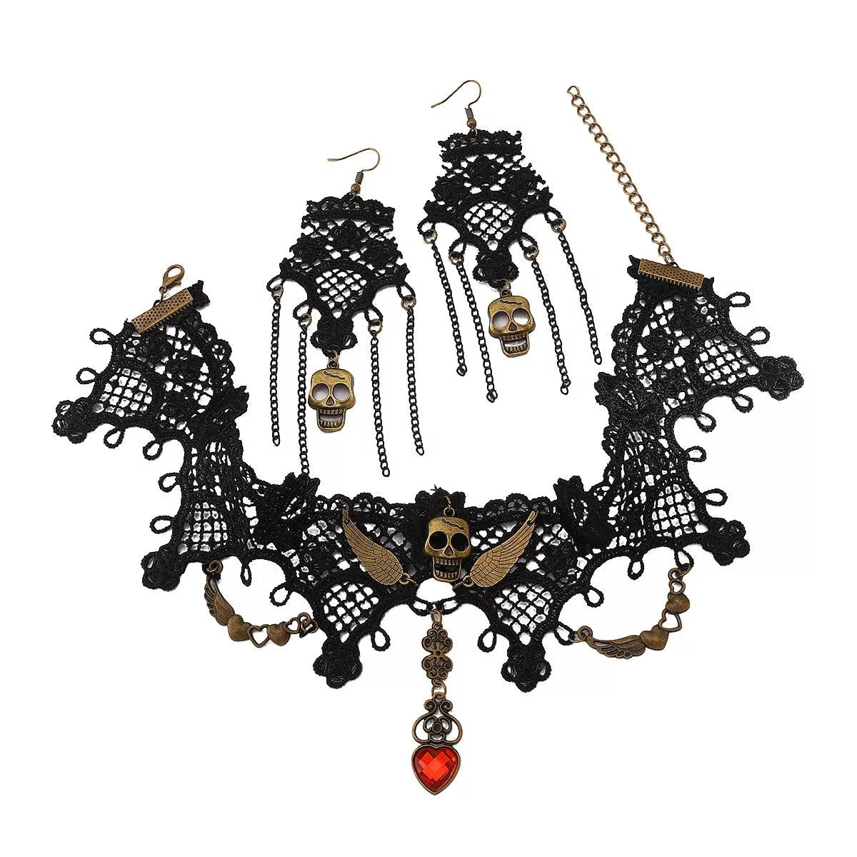 Crowned Energy CO. Black / One Size Trendsi Jewelry Halloween Lace Skull Necklace and Earrings Jewelry Set