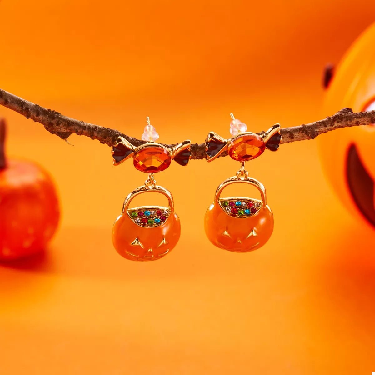 Crowned Energy CO. Orange / One Size Trendsi Accessories Halloween Rhinestone Pumpkin Dangle Earrings