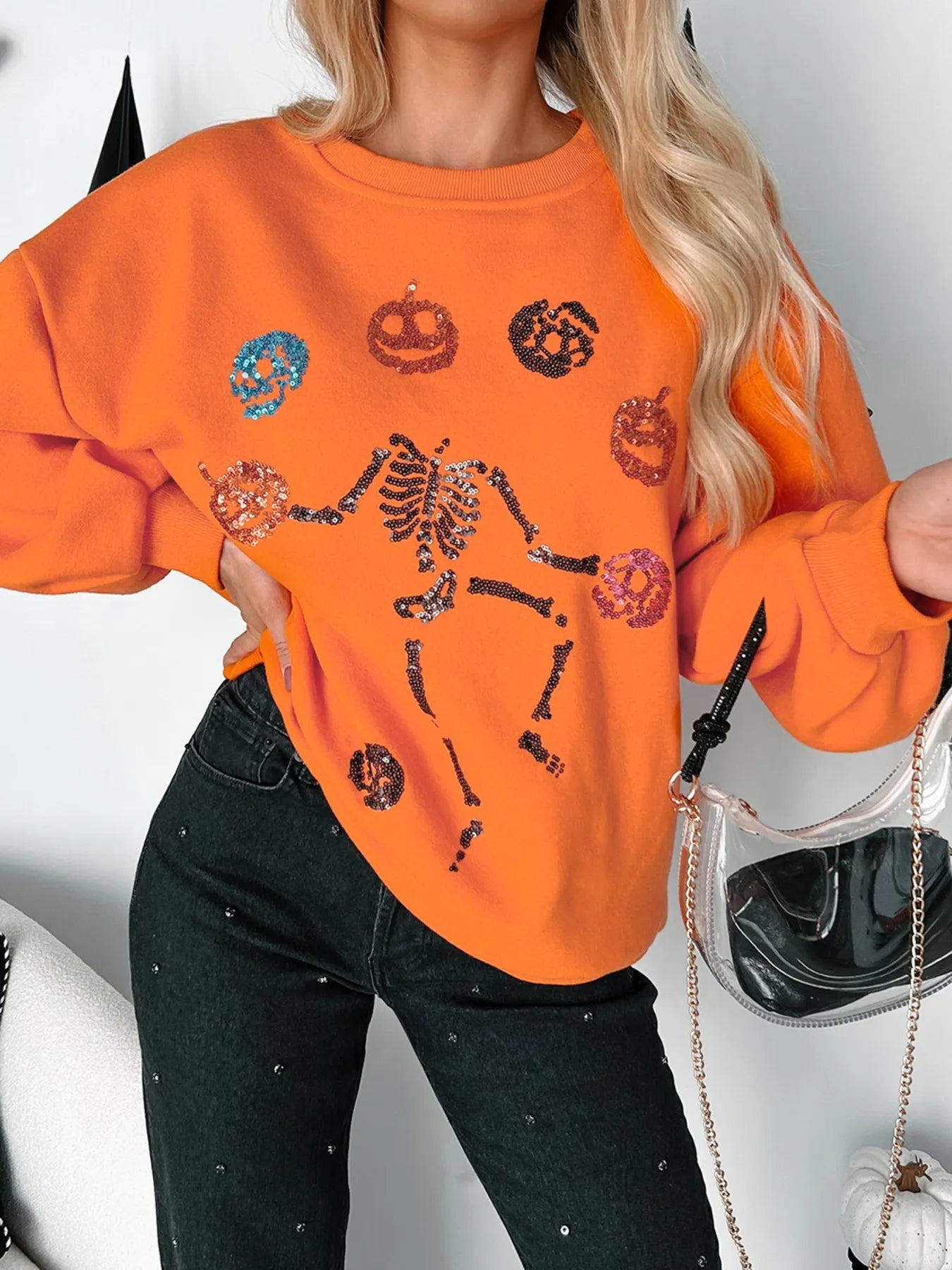 Crowned Energy CO. Orange / S Trendsi Sweaters & Cardigans/Cardigans Halloween Skeleton Pumpkin Sweatshirt