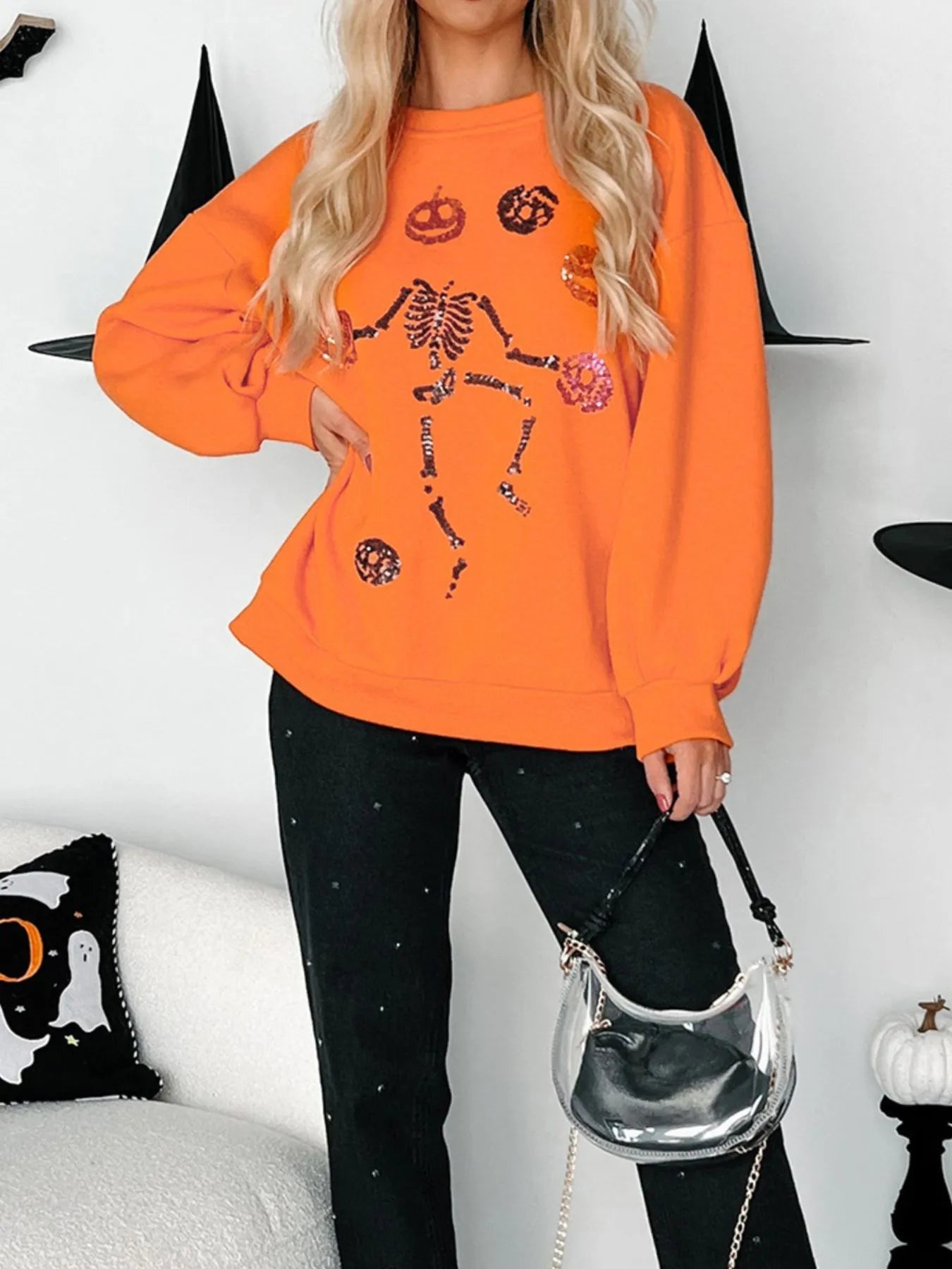 Crowned Energy CO. Orange / S Trendsi Sweaters & Cardigans/Cardigans Halloween Skeleton Pumpkin Sweatshirt