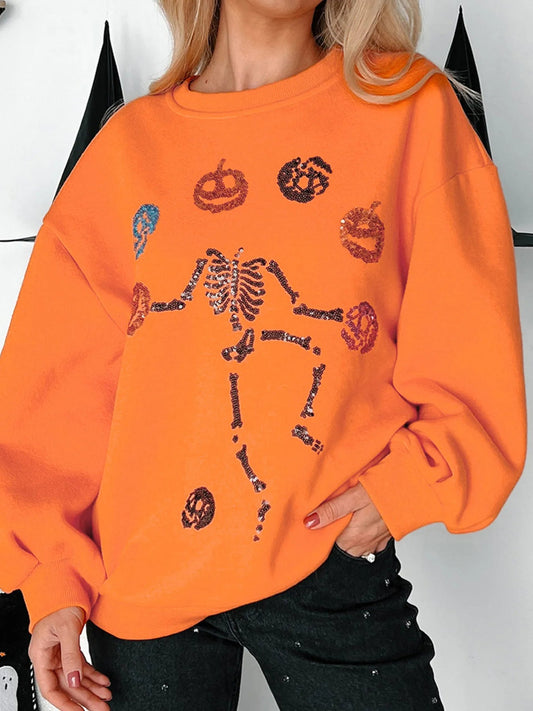 Crowned Energy CO. Orange / S Trendsi Sweaters & Cardigans/Cardigans Halloween Skeleton Pumpkin Sweatshirt