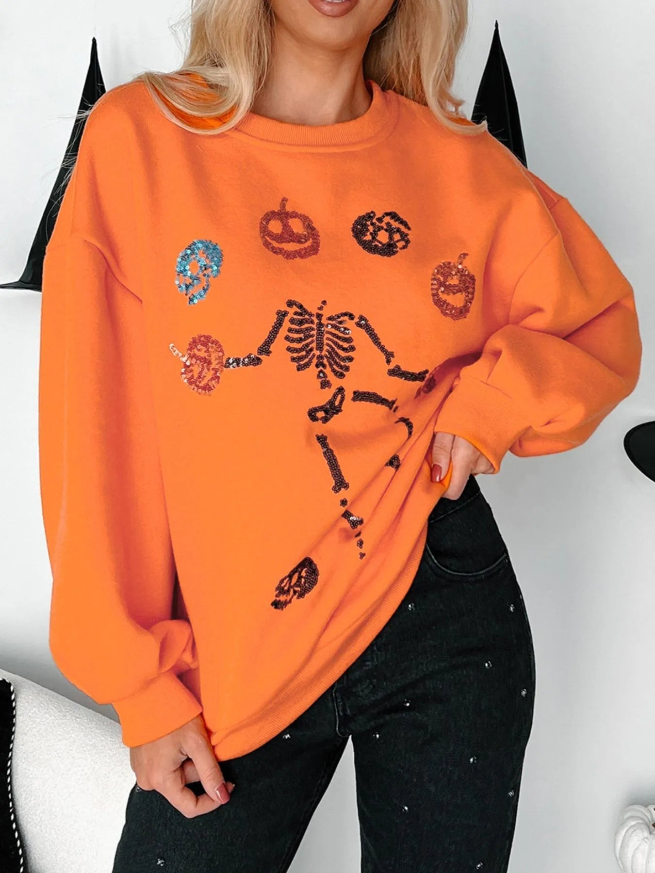 Crowned Energy CO. Orange / S Trendsi Sweaters & Cardigans/Cardigans Halloween Skeleton Pumpkin Sweatshirt