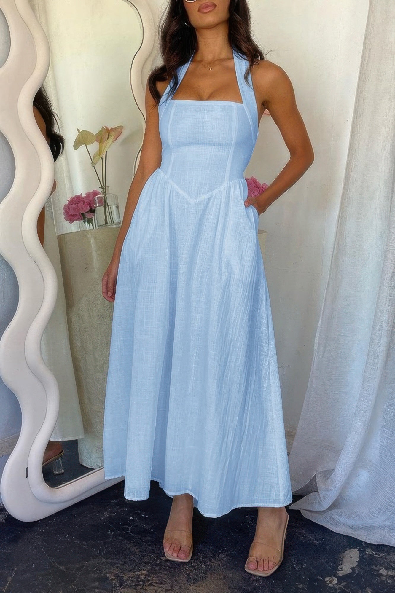 Crowned Energy CO. Blue / S CCWHOLESALECLOTHING Dresses/Mini Dresses Halter Solid Pockets Sleeveless A Line Long Dress
