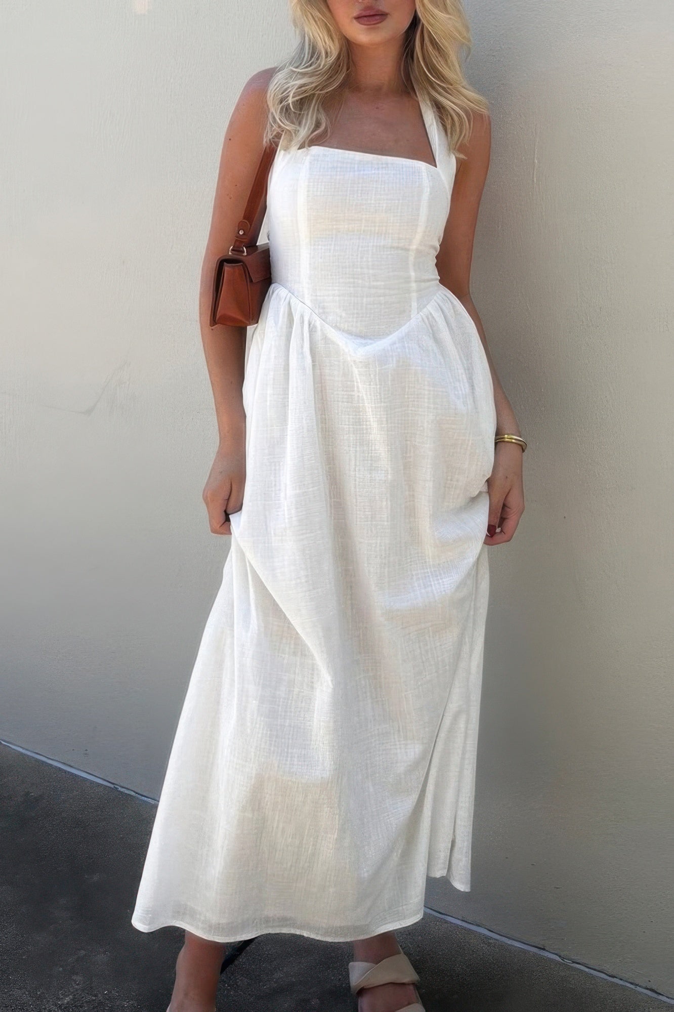 Crowned Energy CO. White / S CCWHOLESALECLOTHING Dresses/Mini Dresses Halter Solid Pockets Sleeveless A Line Long Dress