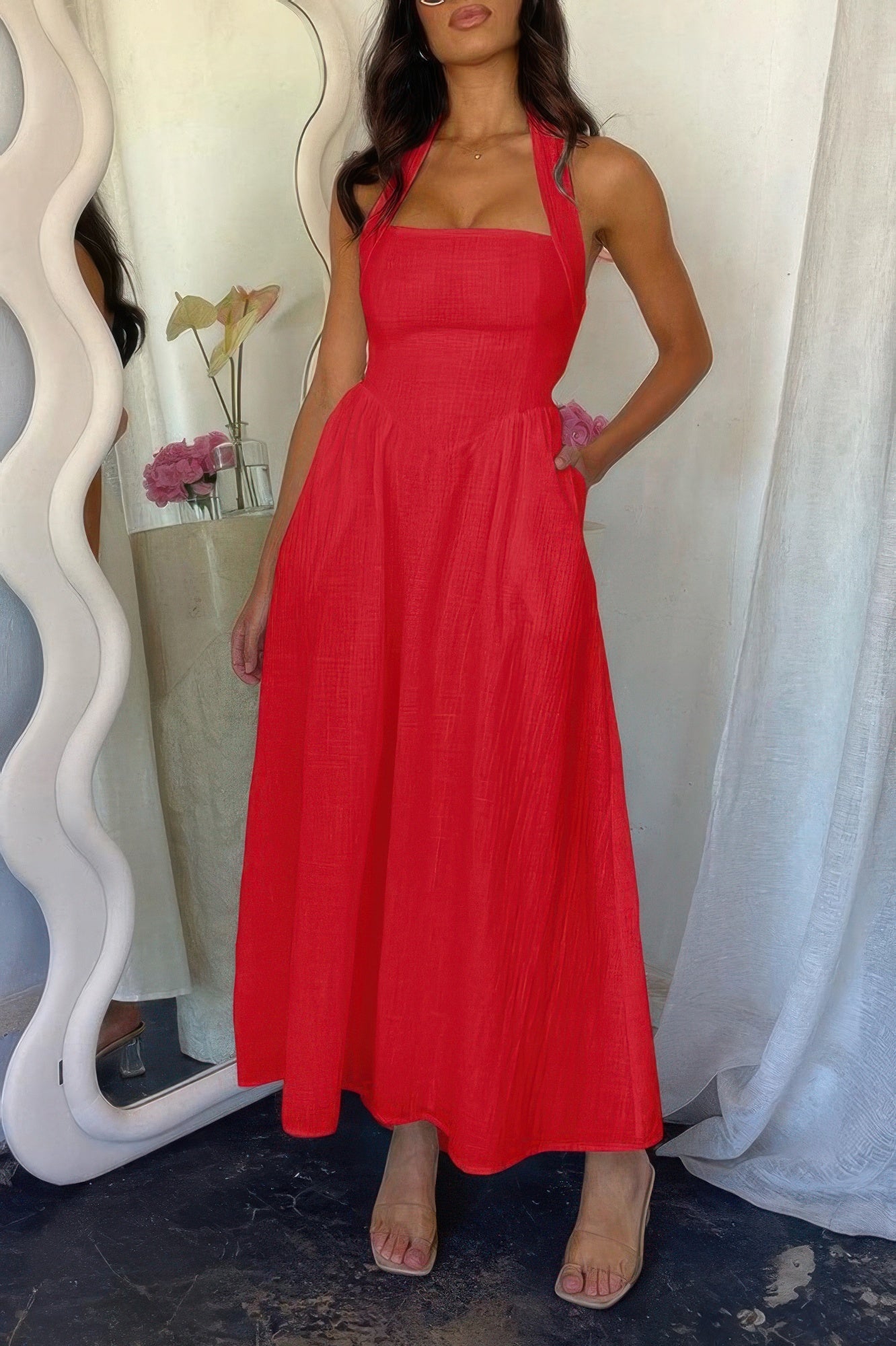 Crowned Energy CO. Black / S CCWHOLESALECLOTHING Dresses/Mini Dresses Halter Solid Pockets Sleeveless A Line Long Dress