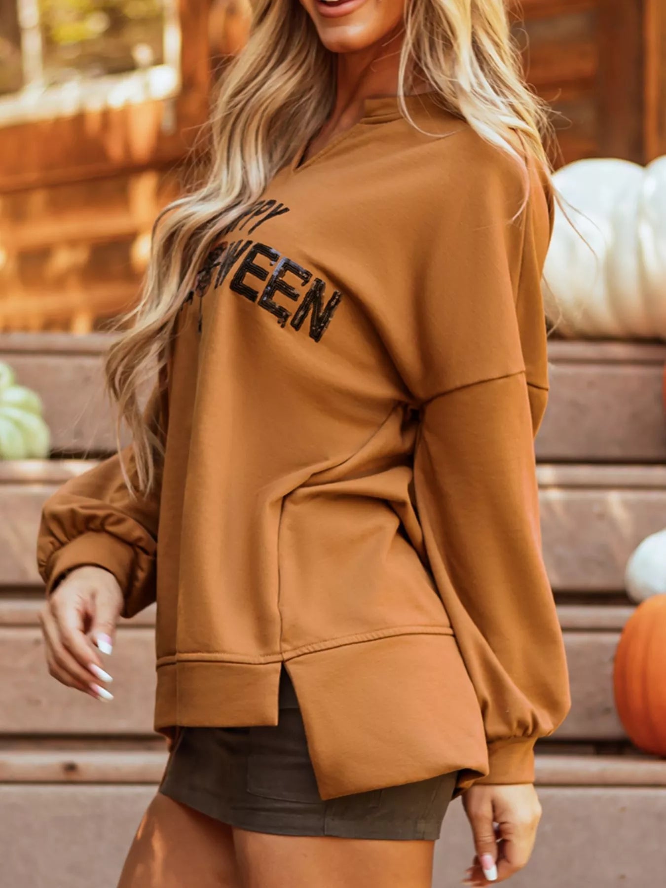 Crowned Energy CO. Terracotta / S Trendsi Sweaters & Cardigans/Cardigans Happy Halloween Graphic Notched Long Sleeve Loose Top